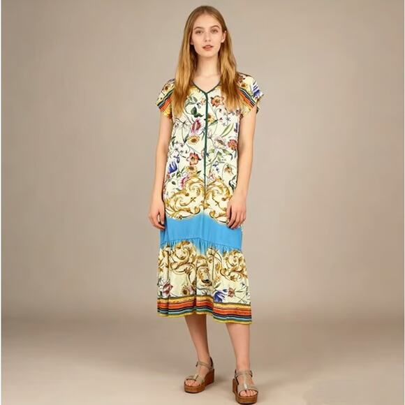 JOHNNY WAS Felix Trapeze Midi Jersey Dress Ornate Floral Cream Sz M $210 {3C34} - Picture 1 of 5